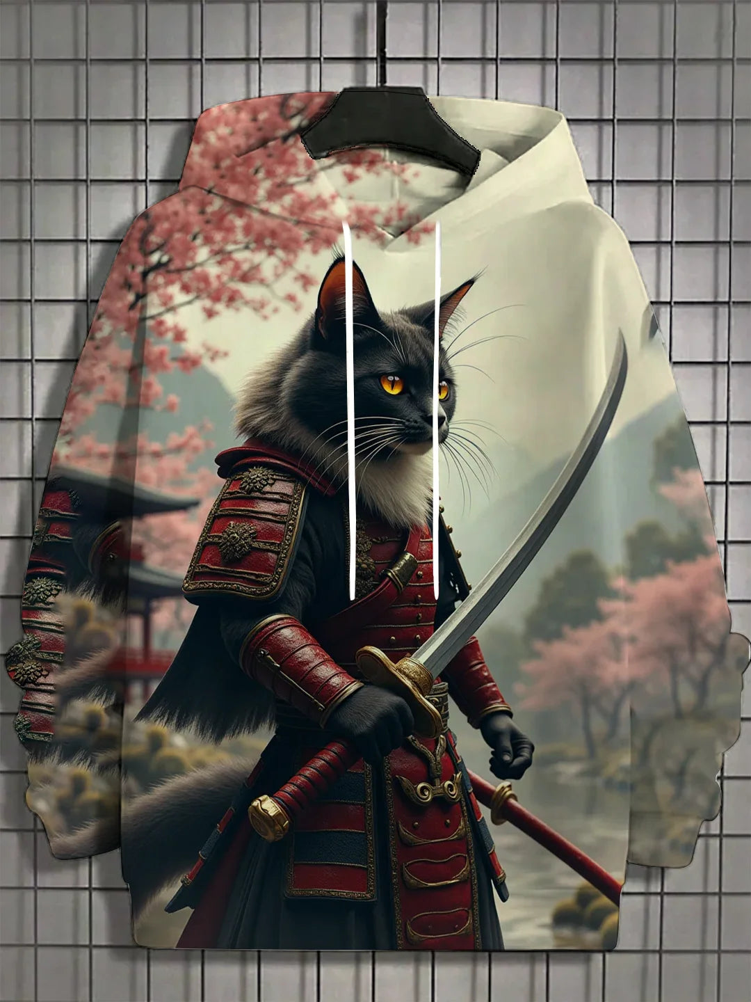 Japanese Samurai Cat Print Men's Hoodies Street Trend Hip Hop y2k Clothes Fashion Pullover Autumn and Winter Casual Sweatshirts