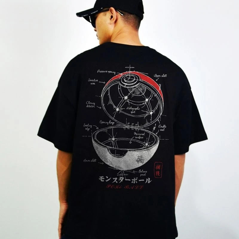 Tyrant Studio 2D-style Pokémon Collaboration Pokeball 3D Short-sleeved T-shirt for Men and Women, Loose Streetwear Brand