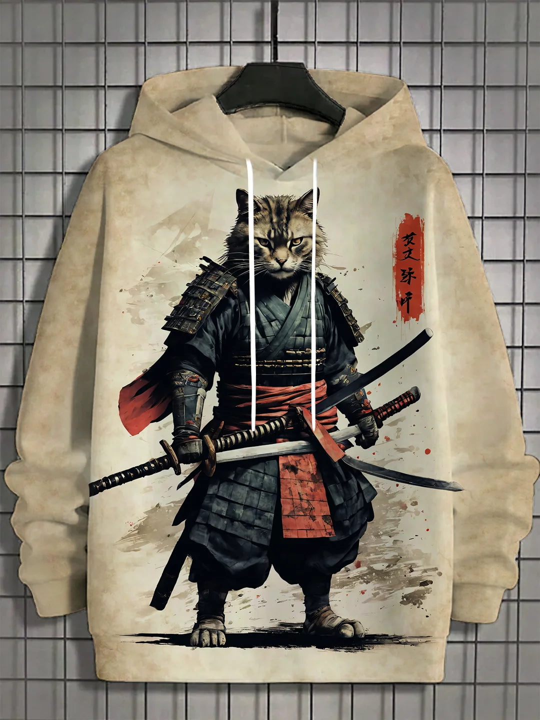 Japanese Samurai Cat Print Men's Hoodies Street Trend Hip Hop y2k Clothes Fashion Pullover Autumn and Winter Casual Sweatshirts