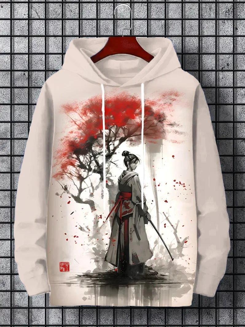 Samurai Men's Hoodie Print Y2k Sweatshirt Harajuku Hooded Shirt Pullover Casual Oversized Long Sleeve Sport Top Men's Clothing