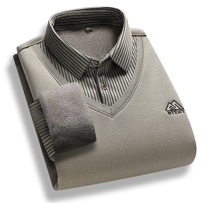 Men's Fleece Lined Sweater Polo Collar Pullover Tops Fashion Business Causal Pullovers Korean Slim Fit Thick Winter Clothes