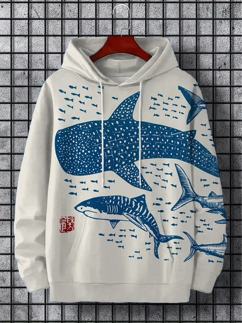 Fun Japanese Harajuku fashion men's hoodie casual y2k hoodie men's autumn and winter sea whale pattern sports hoodie