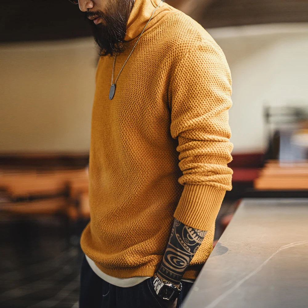 Maden New Vintage Half - Turtleneck Knitted Sweater Yellow Base Layer Pullover Warm Inner Wear for Men's Autumn and Winter Tops