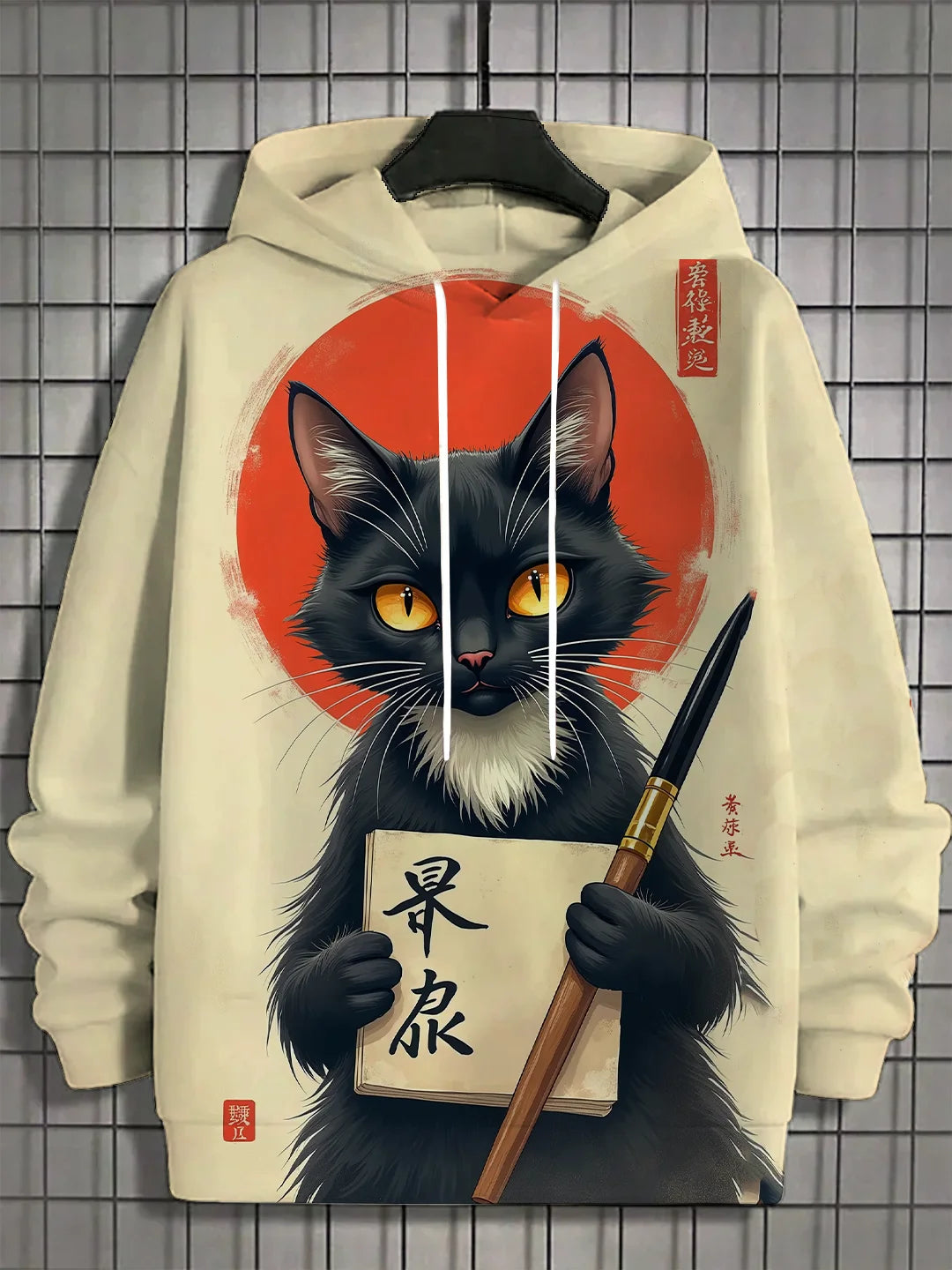 Japanese Samurai Cat Print Men's Hoodies Street Trend Hip Hop y2k Clothes Fashion Pullover Autumn and Winter Casual Sweatshirts