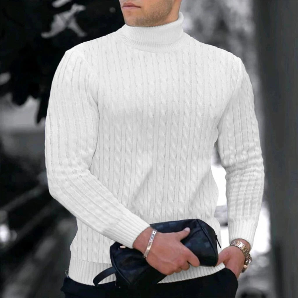 Autumn Winter New Men's Knit Sweater High Neck Warmth Fashion Solid Color Slim Fit Male Bottoming Tops Jacquard Pullovers