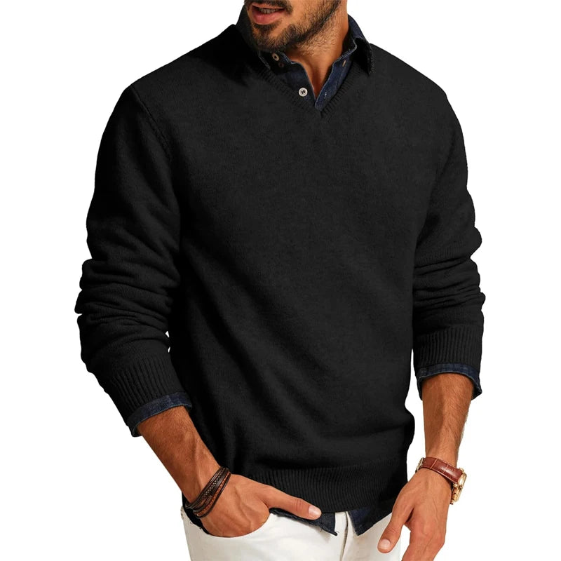 Mens Casual V Neck Pullover Sweaters Lightweight Wool Long Sleeve Knit Sweater Slim Fit Outwear Autumn Business Tops