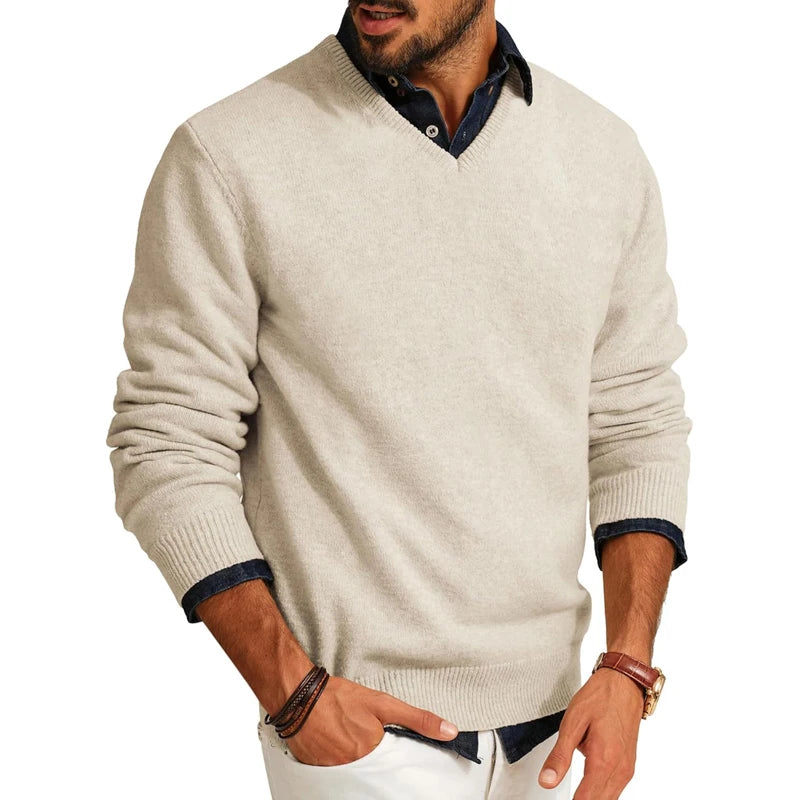 Mens Casual V Neck Pullover Sweaters Lightweight Wool Long Sleeve Knit Sweater Slim Fit Outwear Autumn Business Tops