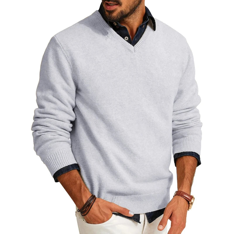 Mens Casual V Neck Pullover Sweaters Lightweight Wool Long Sleeve Knit Sweater Slim Fit Outwear Autumn Business Tops