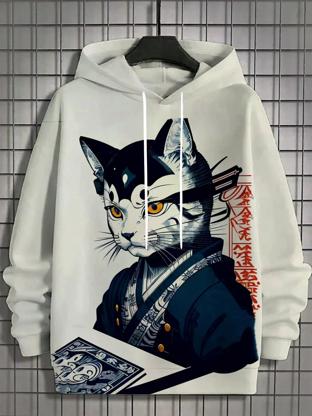 Japanese Samurai Cat Print Men's Hoodies Street Trend Hip Hop y2k Clothes Fashion Pullover Autumn and Winter Casual Sweatshirts