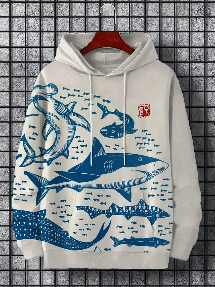 Fun Japanese Harajuku fashion men's hoodie casual y2k hoodie men's autumn and winter sea whale pattern sports hoodie
