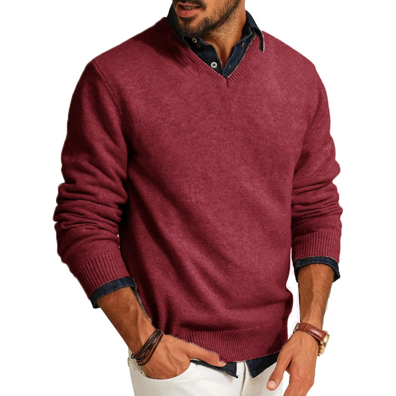 Mens Casual V Neck Pullover Sweaters Lightweight Wool Long Sleeve Knit Sweater Slim Fit Outwear Autumn Business Tops