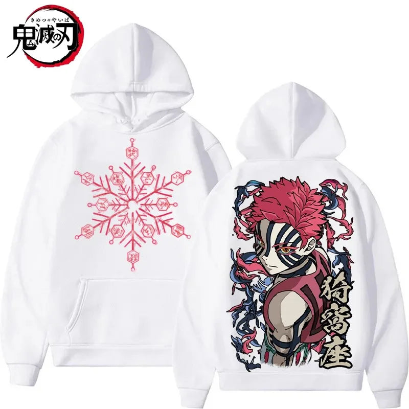 Anime Demon Slayer Akaza Print White Hoodie, Oversized Streetwear Sweatshirt for Men Women Long Sleeve Casual Autumn Top, Unisex