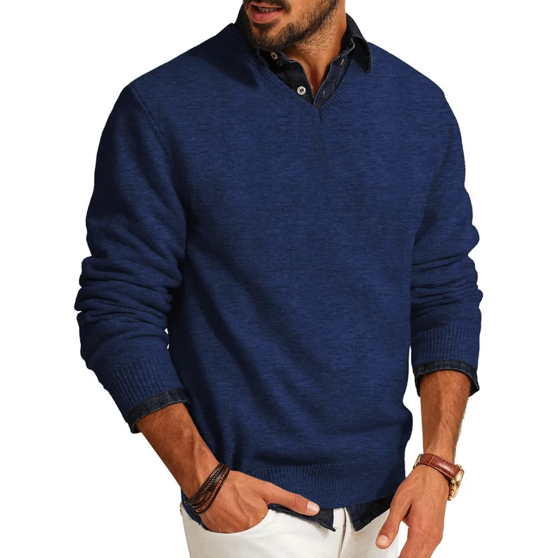 Mens Casual V Neck Pullover Sweaters Lightweight Wool Long Sleeve Knit Sweater Slim Fit Outwear Autumn Business Tops