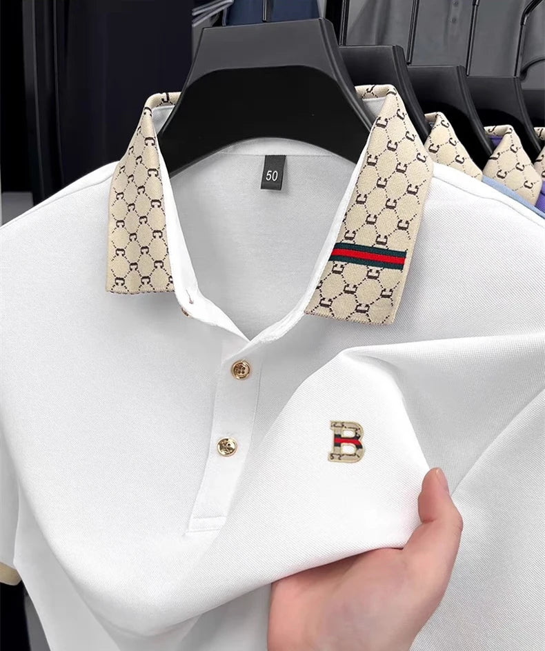 Luxury brand B letter embossed short sleeve polo shirt men summer lightweight breathable new fashion color blocked lapel T-shirt