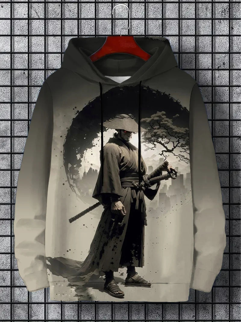 Samurai Men's Hoodie Print Y2k Sweatshirt Harajuku Hooded Shirt Pullover Casual Oversized Long Sleeve Sport Top Men's Clothing
