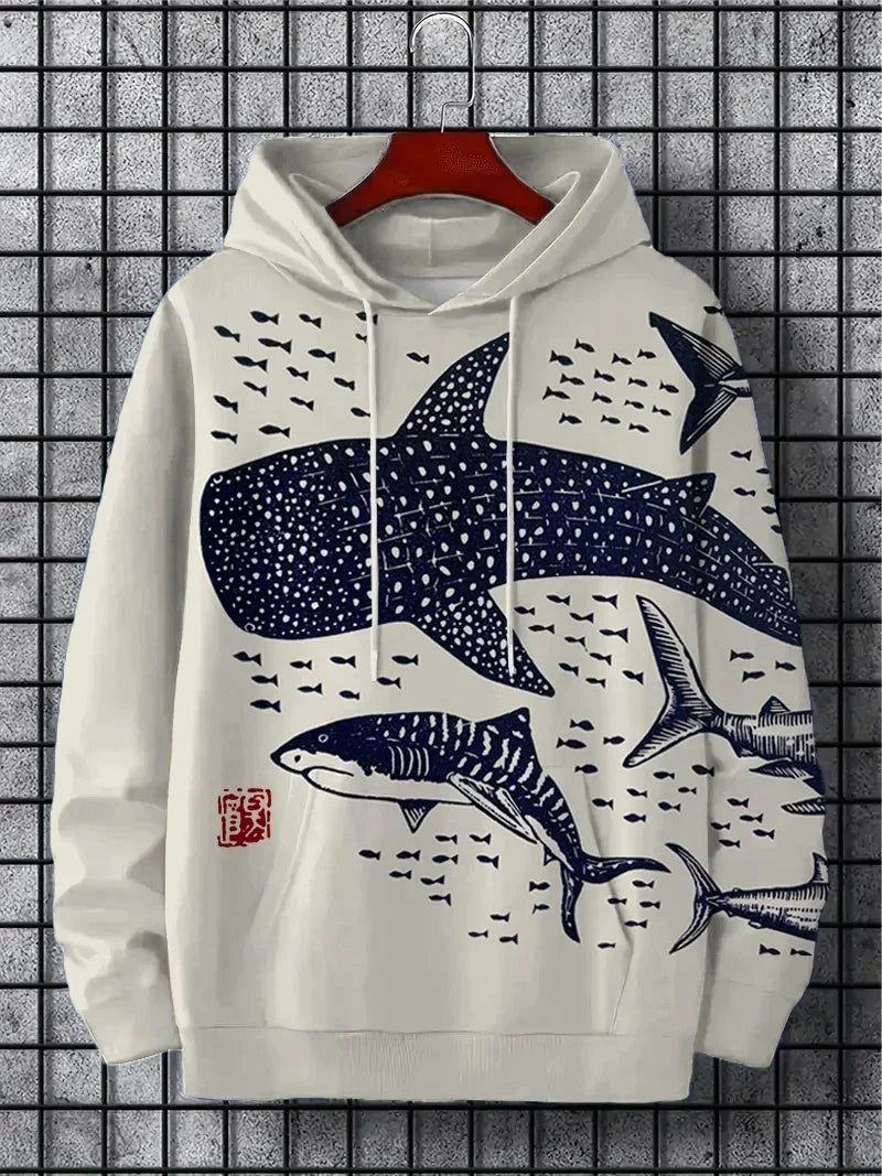 Fun Japanese Harajuku fashion men's hoodie casual y2k hoodie men's autumn and winter sea whale pattern sports hoodie