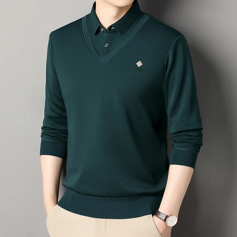 Men's Fleece Lined Sweater Polo Collar Pullover Tops Fashion Business Causal Pullovers Korean Slim Fit Thick Winter Clothes