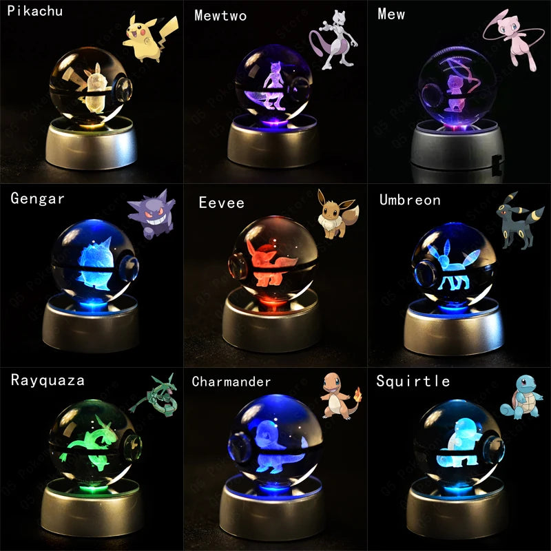 Pokemon Crystal Ball 3D Pikachu Mewtwo Mew Gengar Night Light Lamp Base Pokeball Crystal Pokemon Glass Ball Figure Birthday Gift