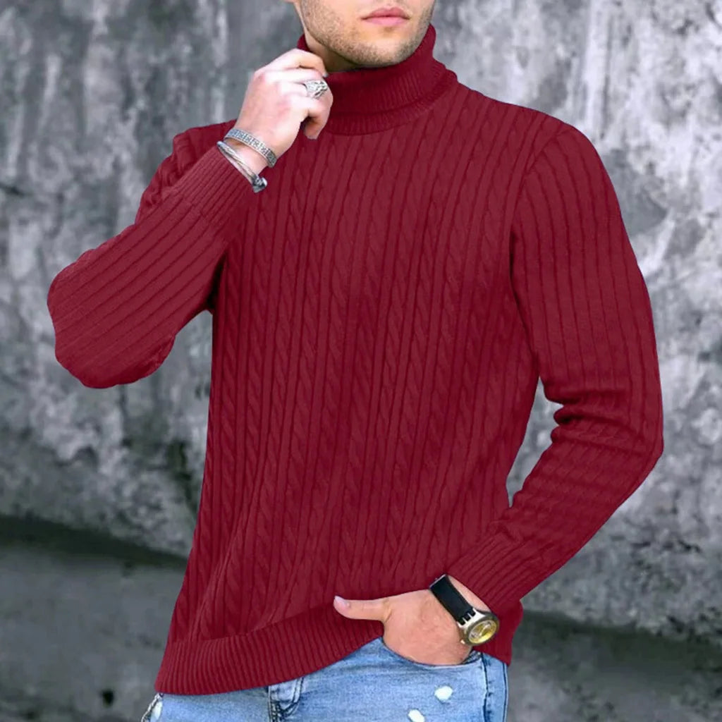 Autumn Winter New Men's Knit Sweater High Neck Warmth Fashion Solid Color Slim Fit Male Bottoming Tops Jacquard Pullovers