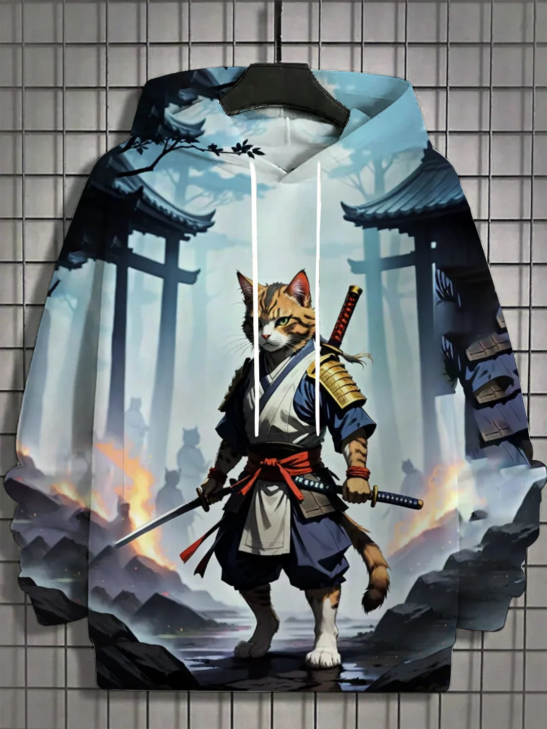 Japanese Samurai Cat Print Men's Hoodies Street Trend Hip Hop y2k Clothes Fashion Pullover Autumn and Winter Casual Sweatshirts