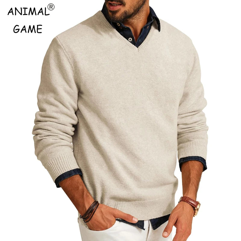 Mens Casual V Neck Pullover Sweaters Lightweight Wool Long Sleeve Knit Sweater Slim Fit Outwear Autumn Business Tops