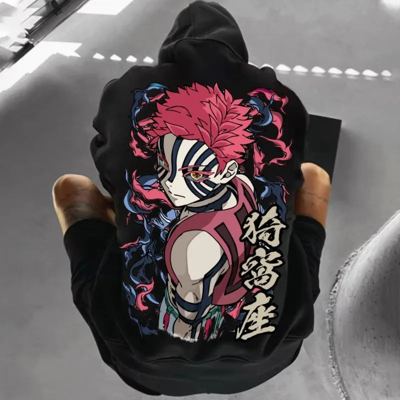 Anime Demon Slayer Akaza Print White Hoodie, Oversized Streetwear Sweatshirt for Men Women Long Sleeve Casual Autumn Top, Unisex